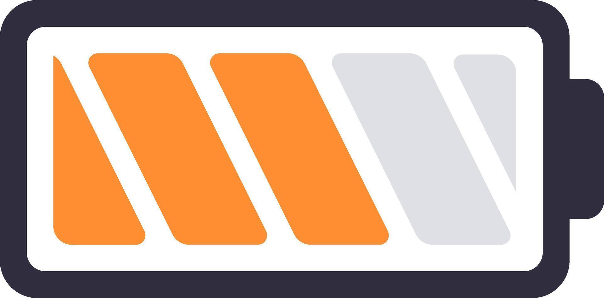 Half charged battery icon featuring three orange bars for remaining power and two gray bars for depleted energy, representing a moderate energy level for devices vector