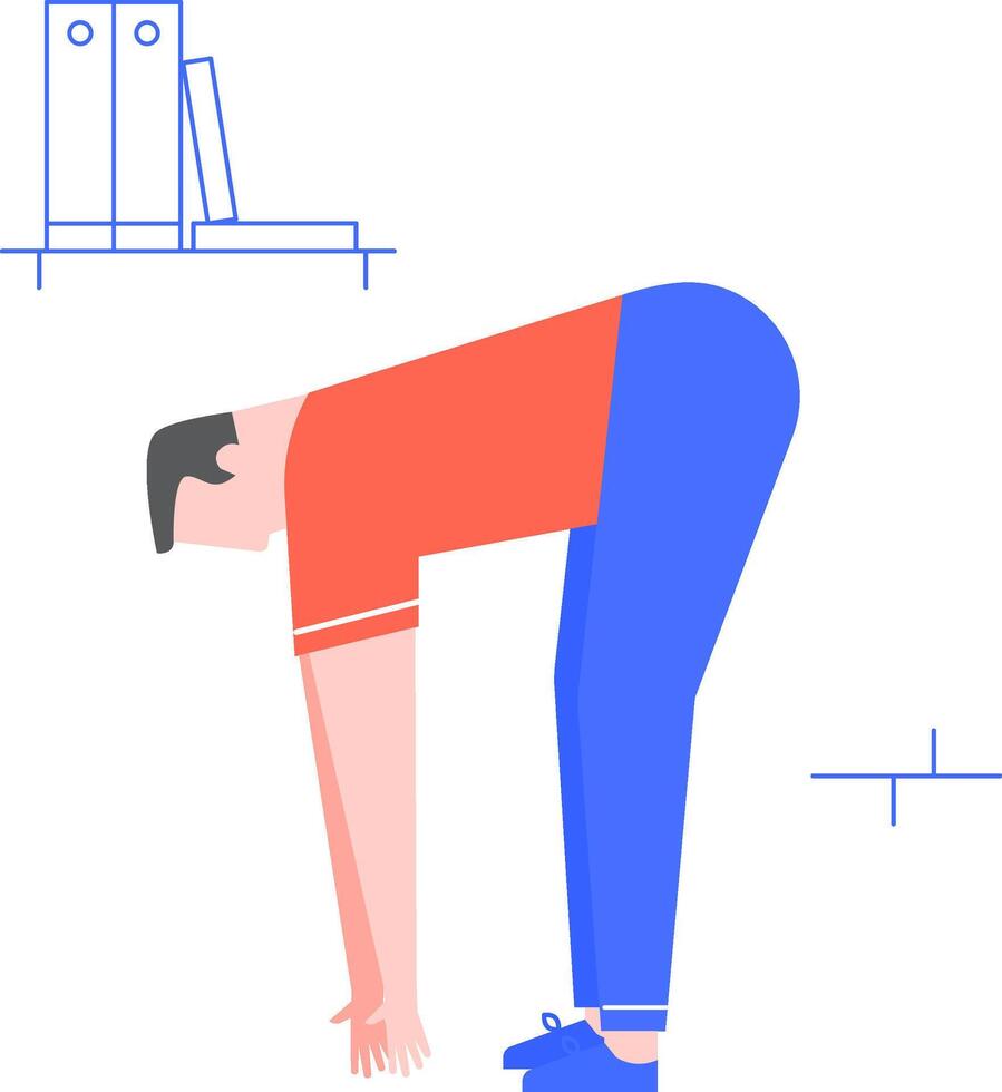 Office worker bending over and touching toes, stretching back and legs to enhance workplace wellness and flexibility, promoting a healthier, more active lifestyle during desk jobs vector