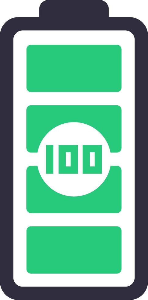Full battery icon with one hundred percent charge indicator showing maximum power level, representing energy, efficiency, and long lasting performance in electronic devices vector