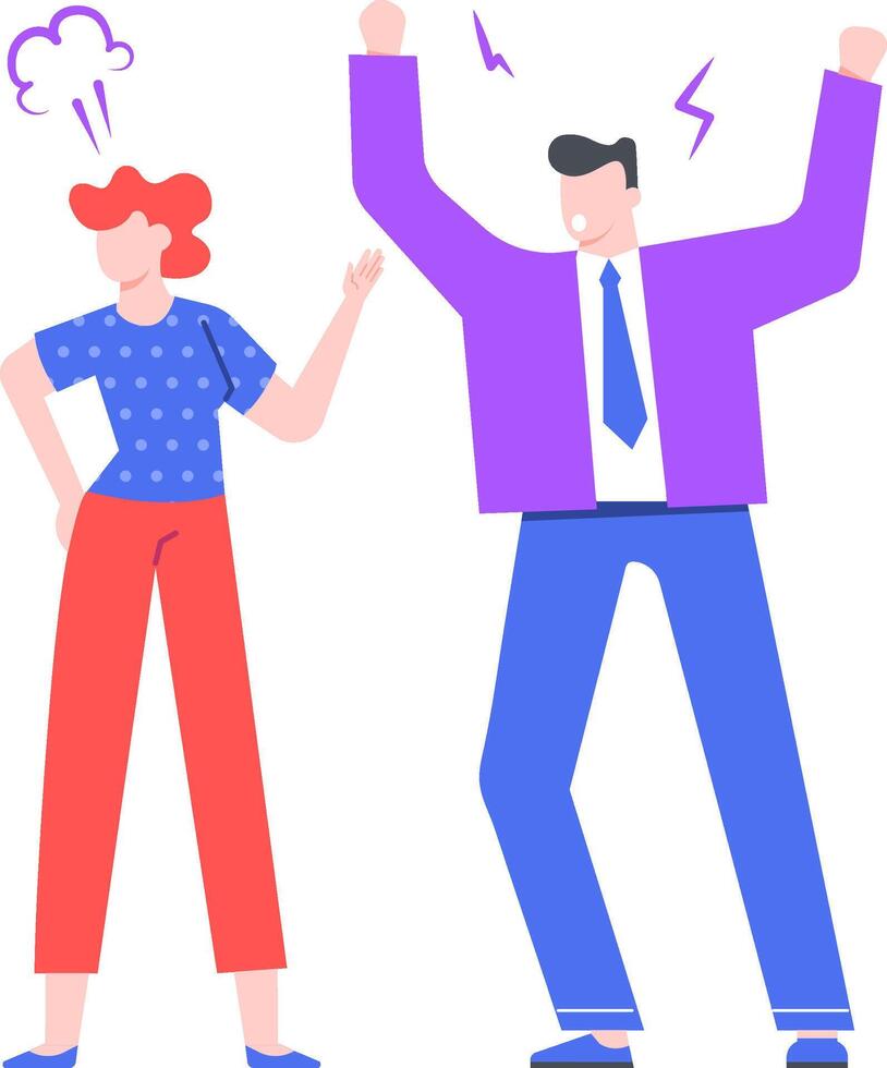Office conflict unfolding between two colleagues, with a businessman yelling at his female coworker, who is visibly annoyed by his aggressive behavior and lack of professionalism vector