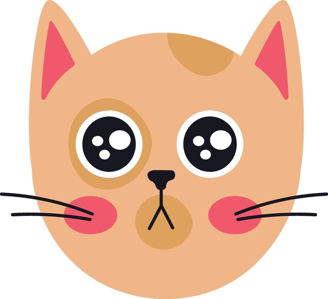 Charming cartoon cat face featuring large, expressive eyes, rosy pink cheeks, and delicate whiskers, creating an irresistibly adorable and heartwarming image perfect for various designs vector