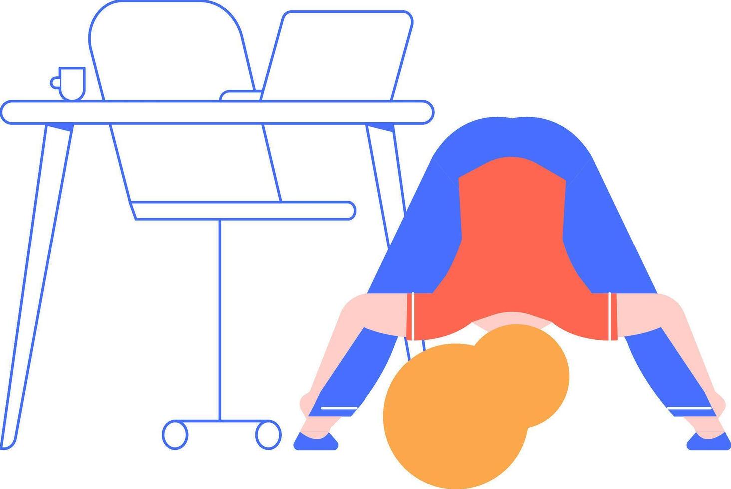 Office worker stretching her back and legs using fitness ball near workplace with laptop and coffee cup, promoting health and wellness at work vector