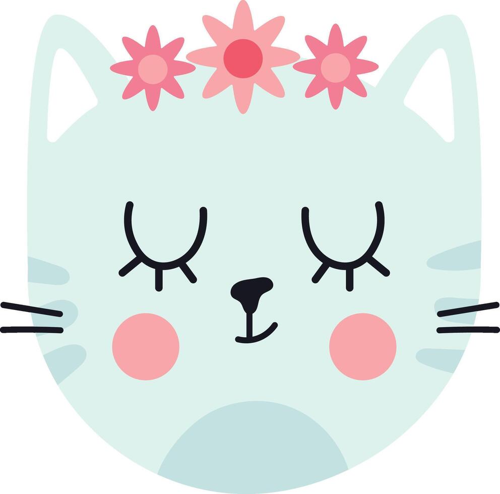 Turquoise kitten face adorned with pink flowers, featuring closed eyes, rosy cheeks, and a light blue chin, creating a charming and adorable illustration perfect for kids vector