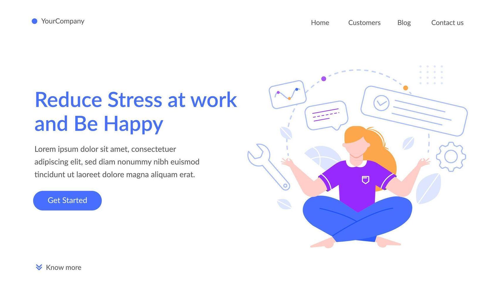 Young woman practicing yoga and meditation at workplace managing tasks, emails, messages, and different activities to reduce stress and be happy vector