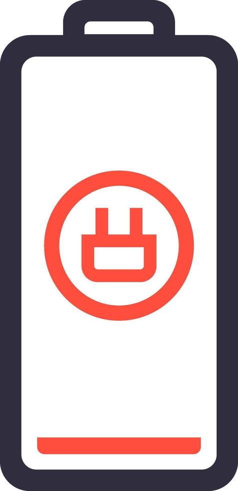 Minimalist illustration of a low battery with a plug symbol, indicating the need to connect to a power source to recharge, with a partially filled charge indicator bar at the bottom vector
