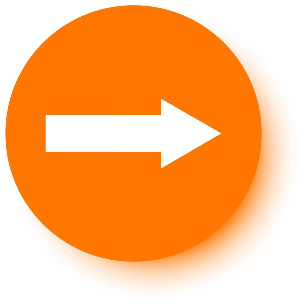 White arrow pointing to the right placed on an orange circle with a slight shadow on a white background, perfect for indicating direction or movement vector