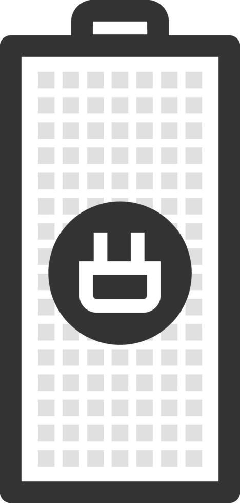 Stylized illustration of a rechargeable battery with a charging plug symbol indicating full power level, representing energy storage, power supply and electrical concepts vector