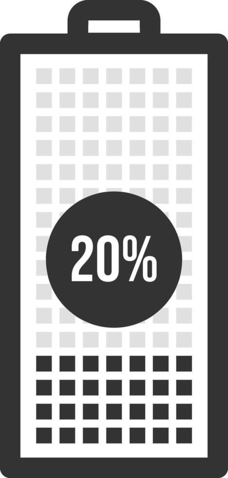 Minimalist illustration featuring a battery icon displaying a 20 percent charge level, representing low power and highlighting the urgent need for recharging electronic devices vector