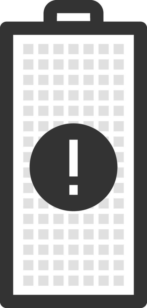 Battery icon is showing low power warning notification with exclamation point symbol representing critical energy level and need for immediate charging vector