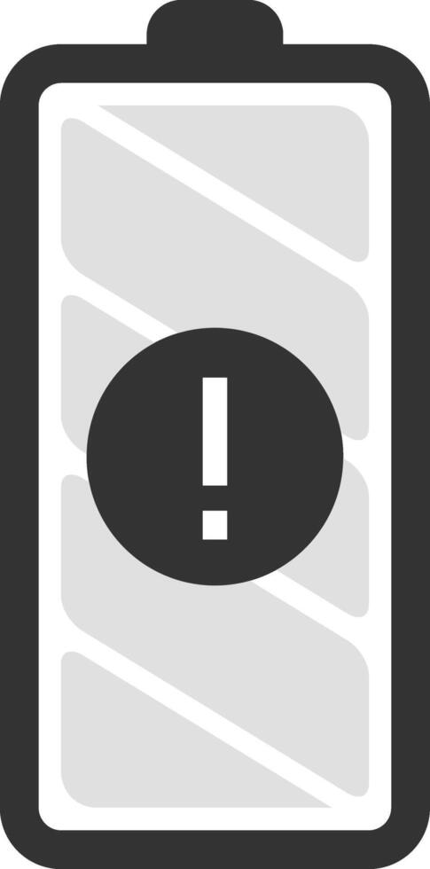 Battery icon displaying a nearly empty status with a warning sign, signaling low power levels and the urgent need for charging to prevent device shutdown vector
