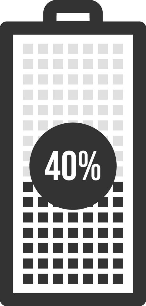 Battery icon displaying a 40 percent charge level, featuring a grid and percentage indicator, representing moderate power availability for various electronic devices vector
