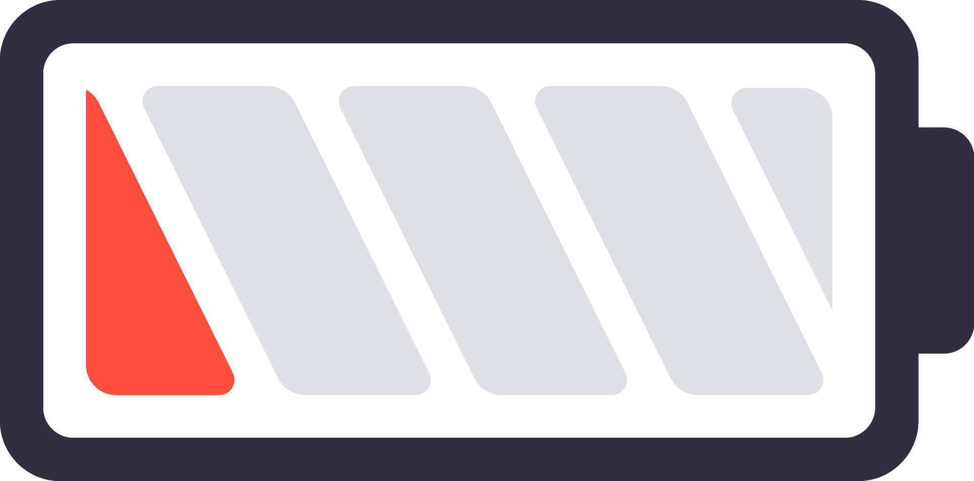 Battery icon displaying a critically low charge level, signaling the need for connection to a power source to prevent imminent device shutdown vector