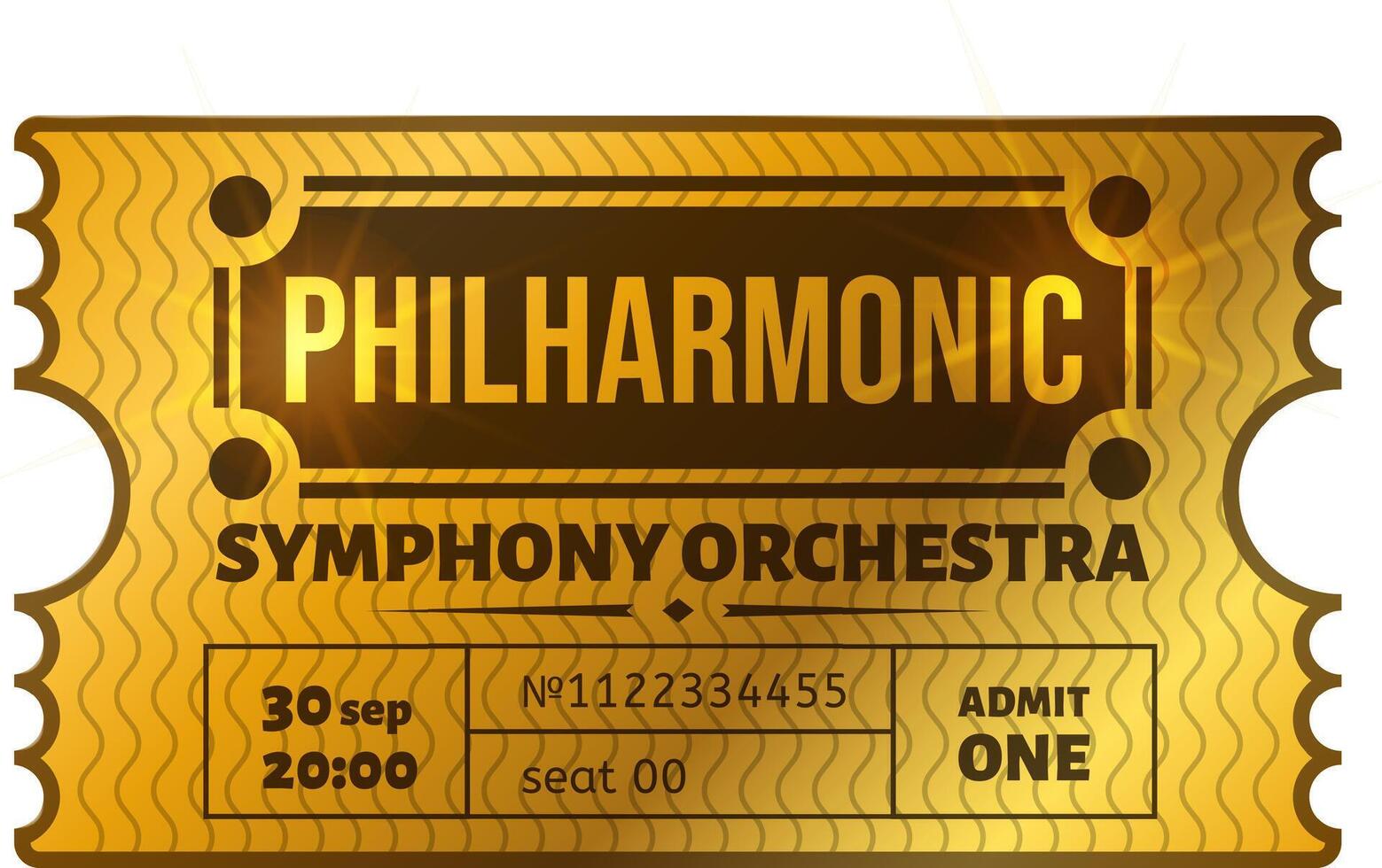 Golden ticket granting access to an exclusive Philharmonic Symphony Orchestra concert on September 30th at 8 PM, featuring seat number 00 for one fortunate attendee vector