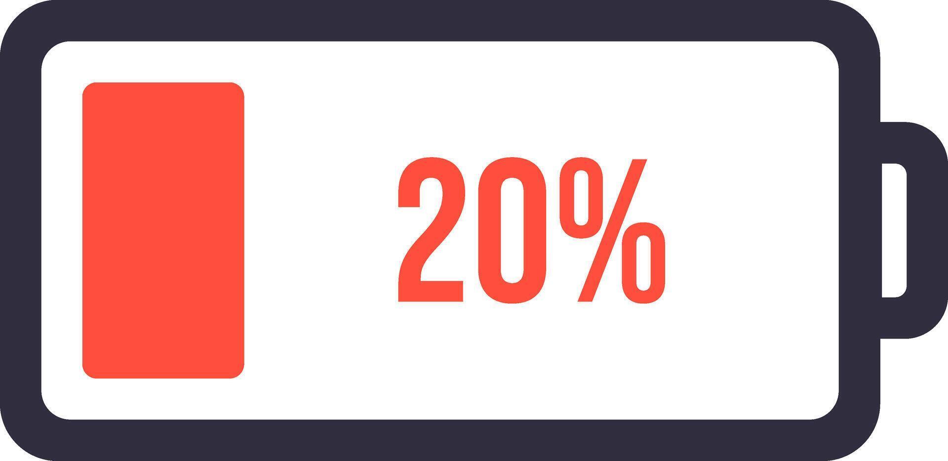 Battery icon displaying a 20 percent charge with a partially filled red bar within a battery symbol against a clean white background, representing limited power vector