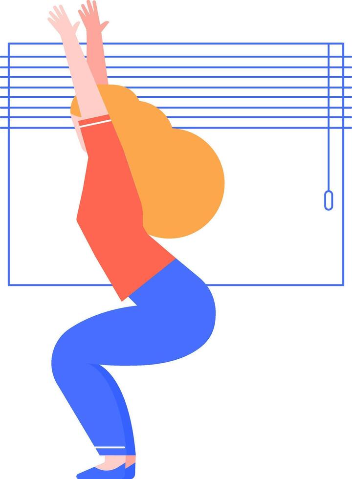Young woman practicing yoga chair pose utkatasana in front of window blinds, promoting health, wellness, and mindfulness through physical activity vector