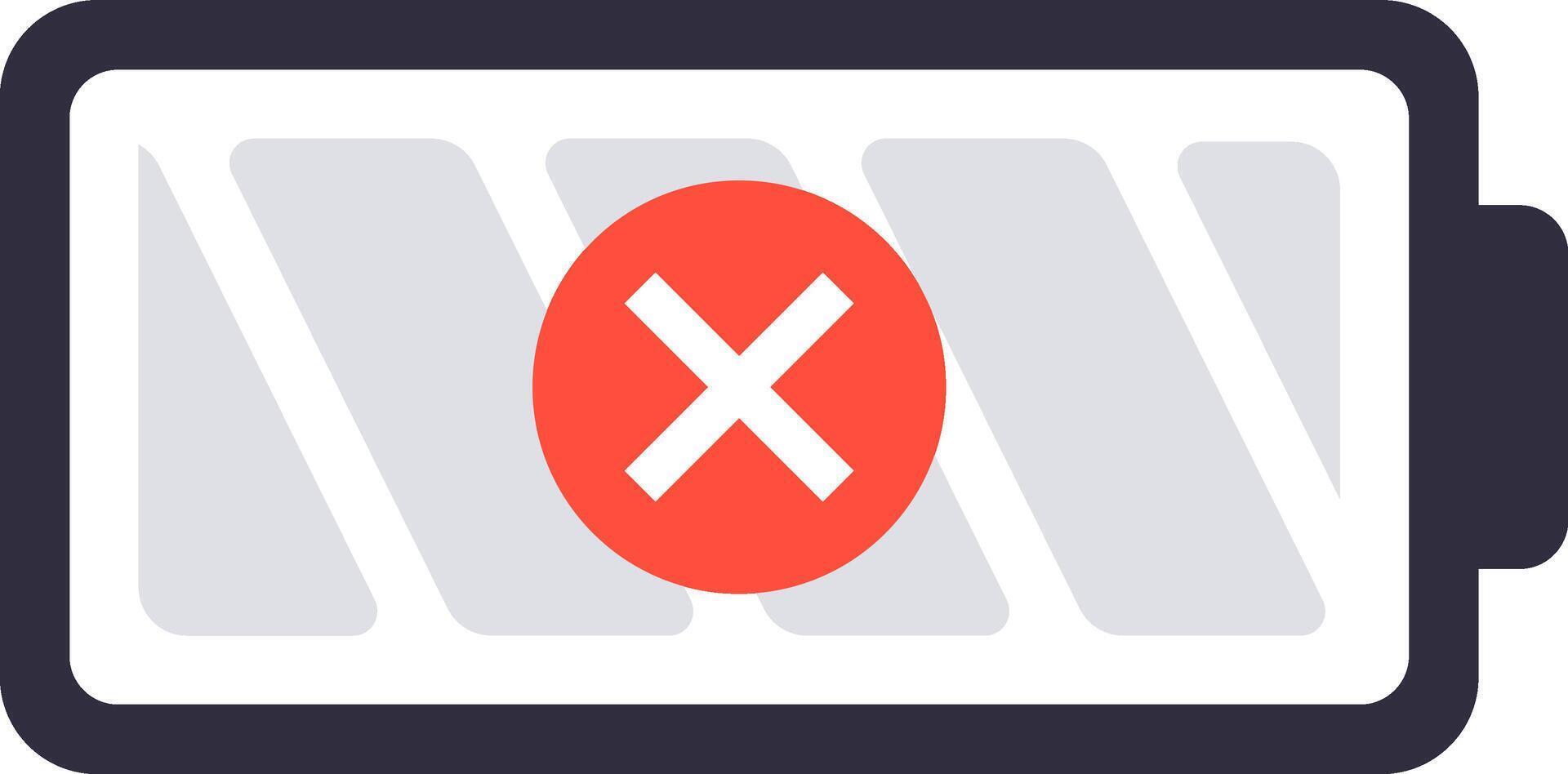 Empty battery icon with red cross sign indicating low power, symbolizing the need for charging or power source replacement for electronic devices vector