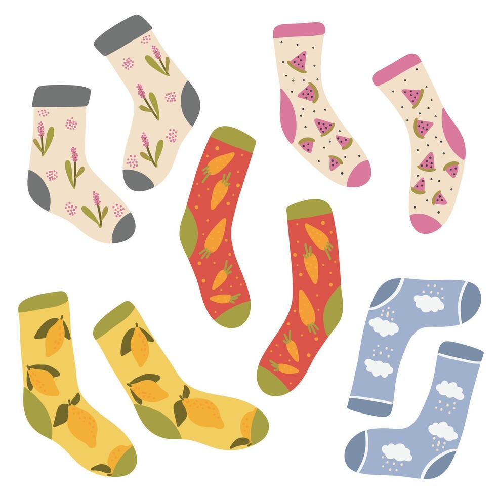 Socks. Cute fashionable socks with various cute trendy designs and patterns. Stylish cotton sock, fashion clothes accessories set. vector