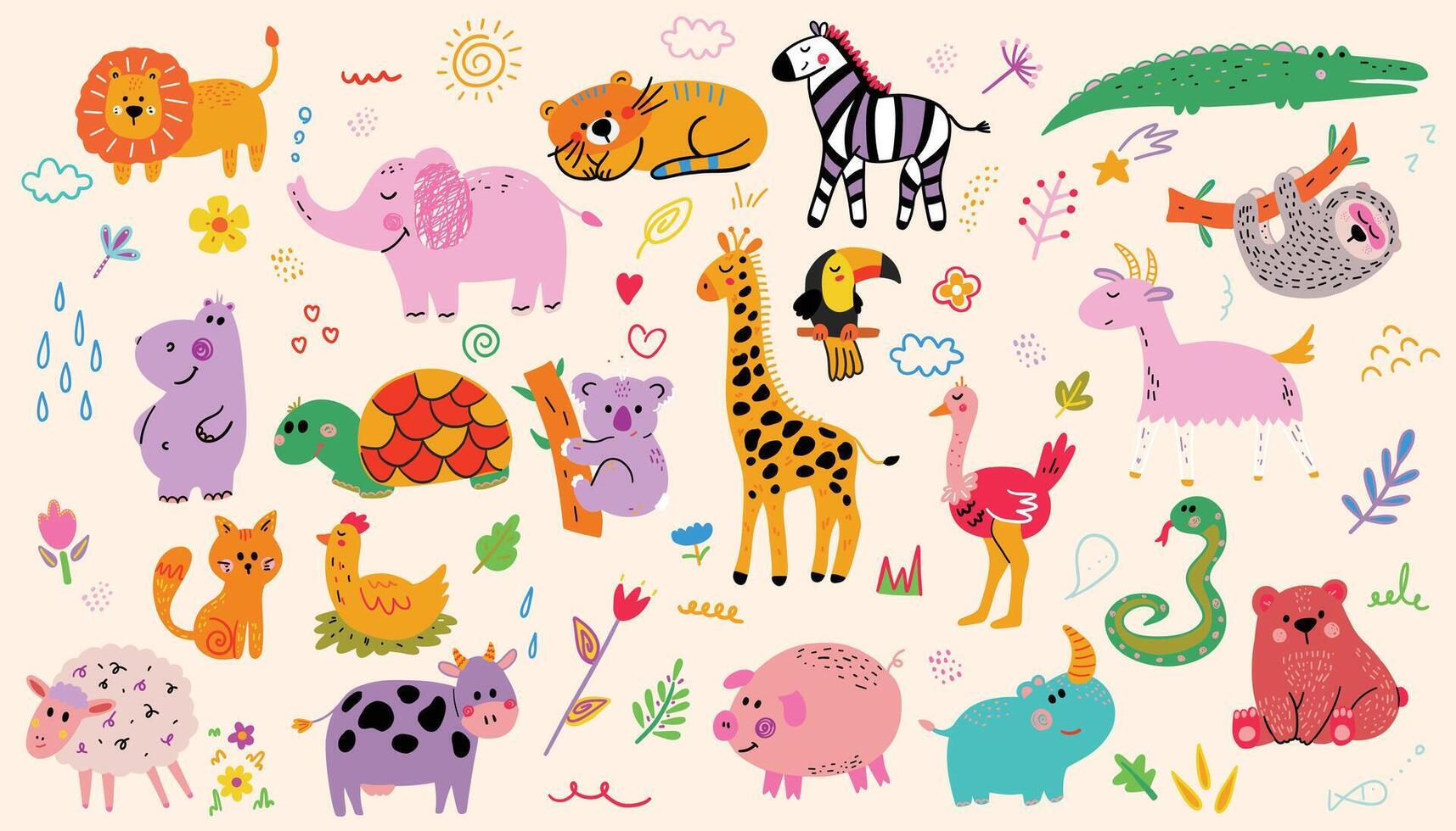 Abstract doodles. Baby animals pattern. Fabric pattern. illustration with cute animals. vector