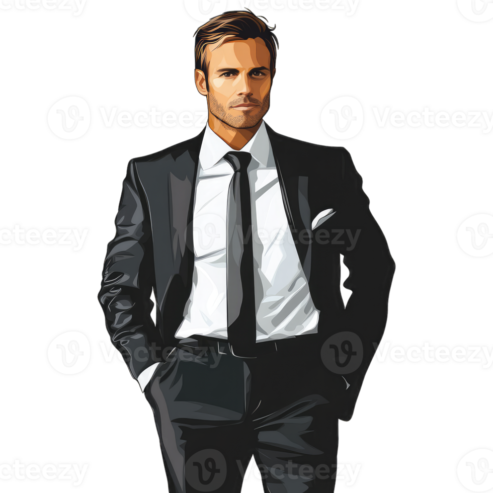 A man in a suit and tie standing with his hands in his pockets png