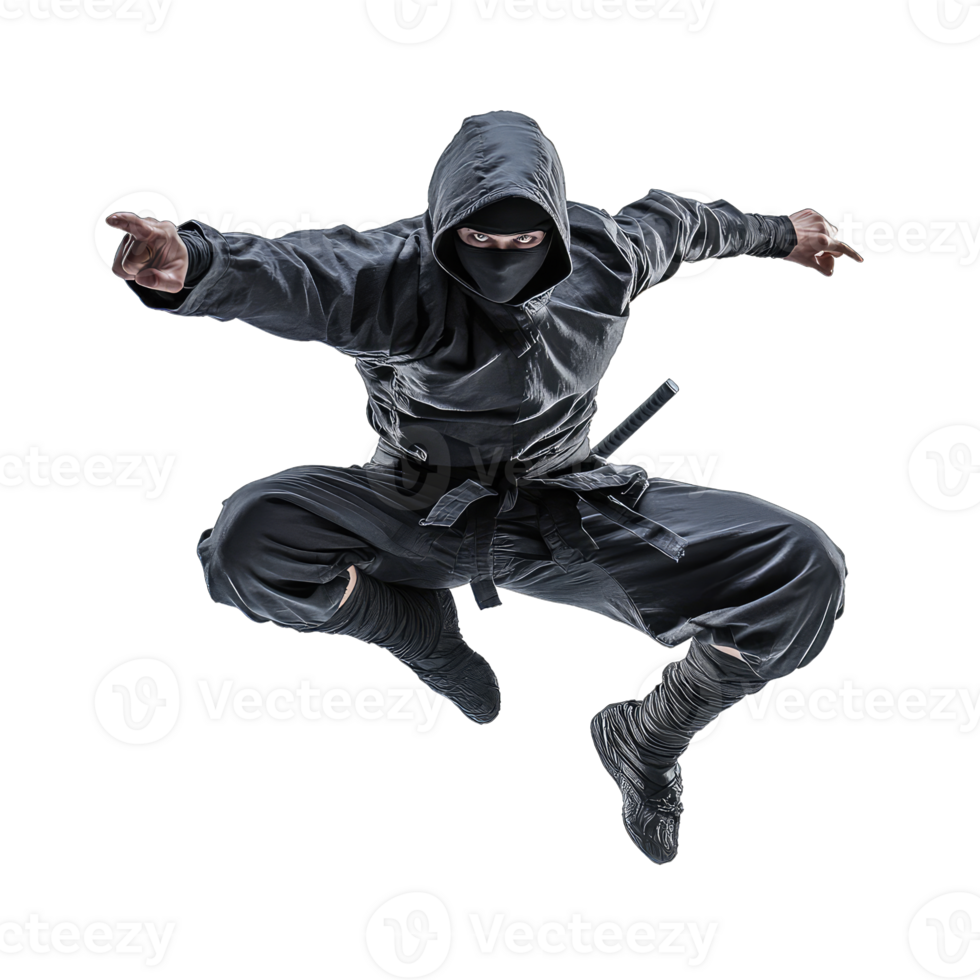 A ninja in black jumps in the air png