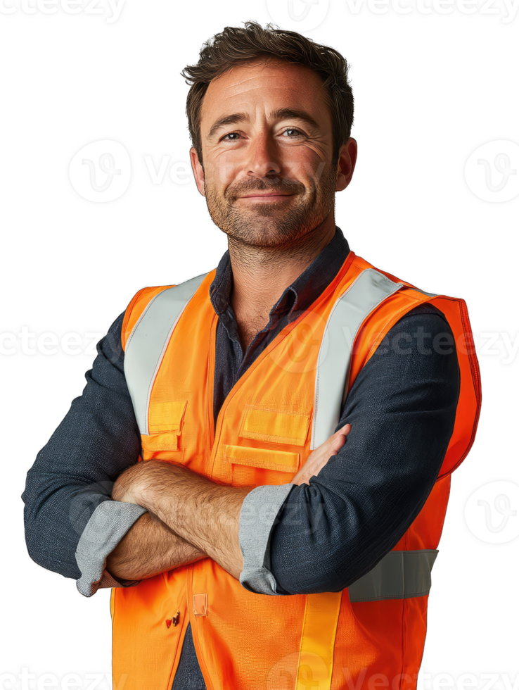 A man in an orange vest and blue shirt png