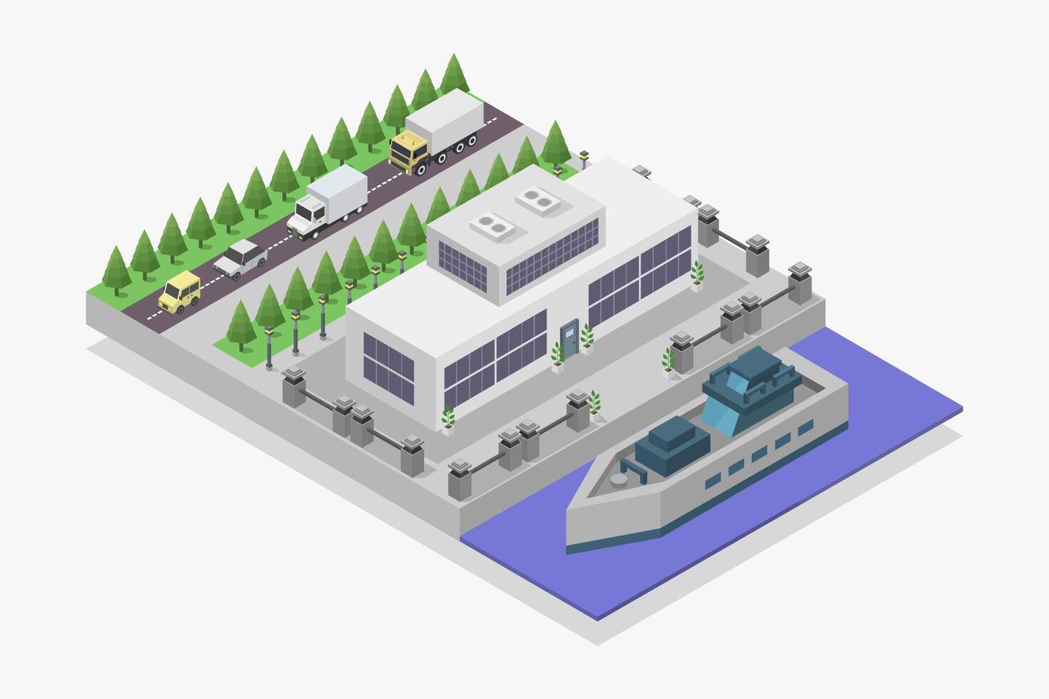 Modern river port isometric on white background vector