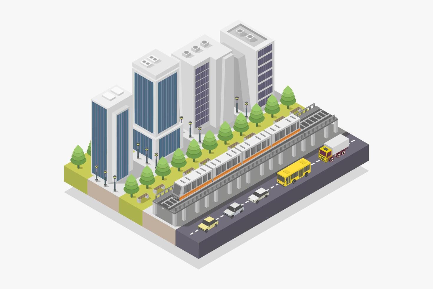 City with train isometric on white background vector