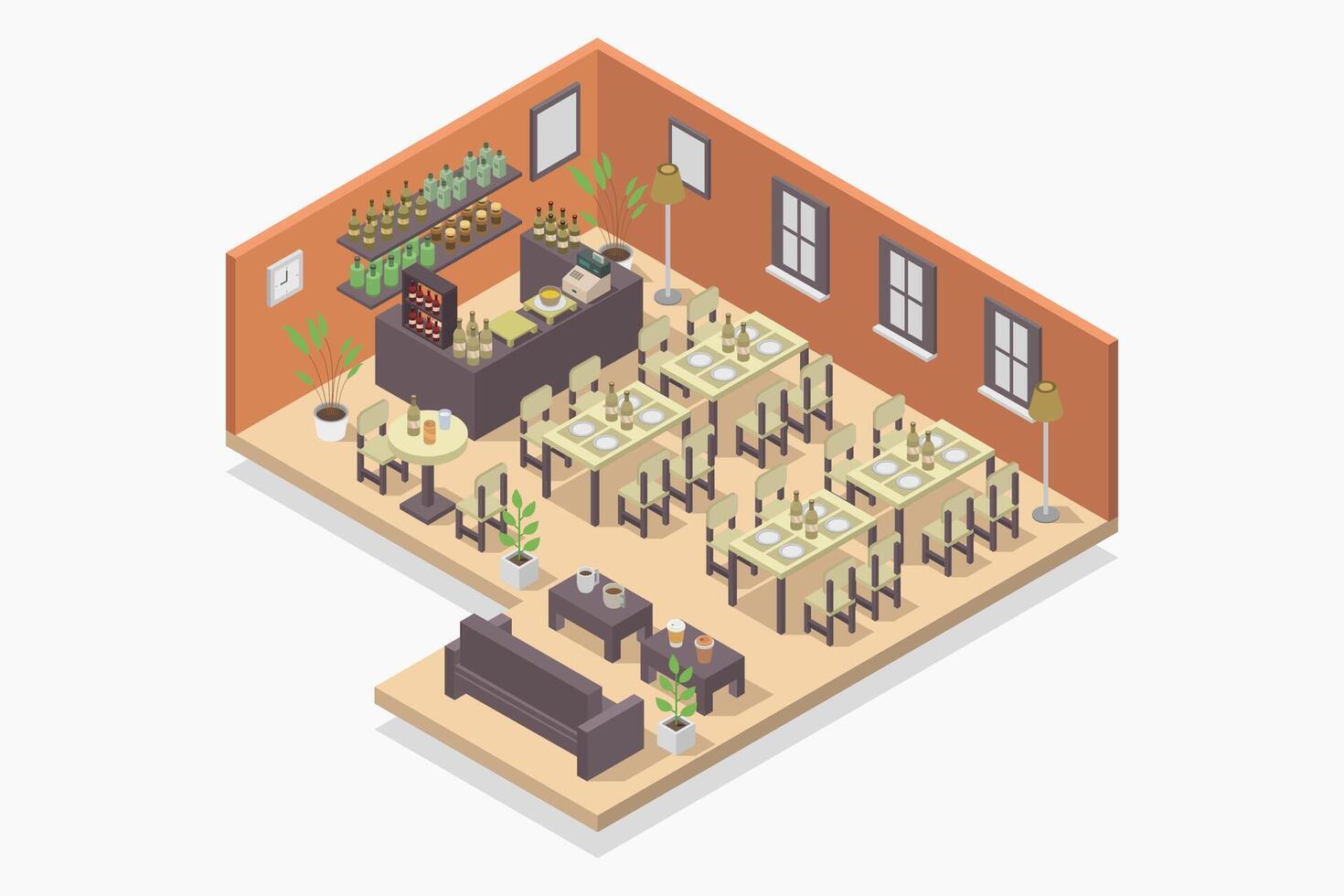 Spacious restaurant room isometric on white background vector