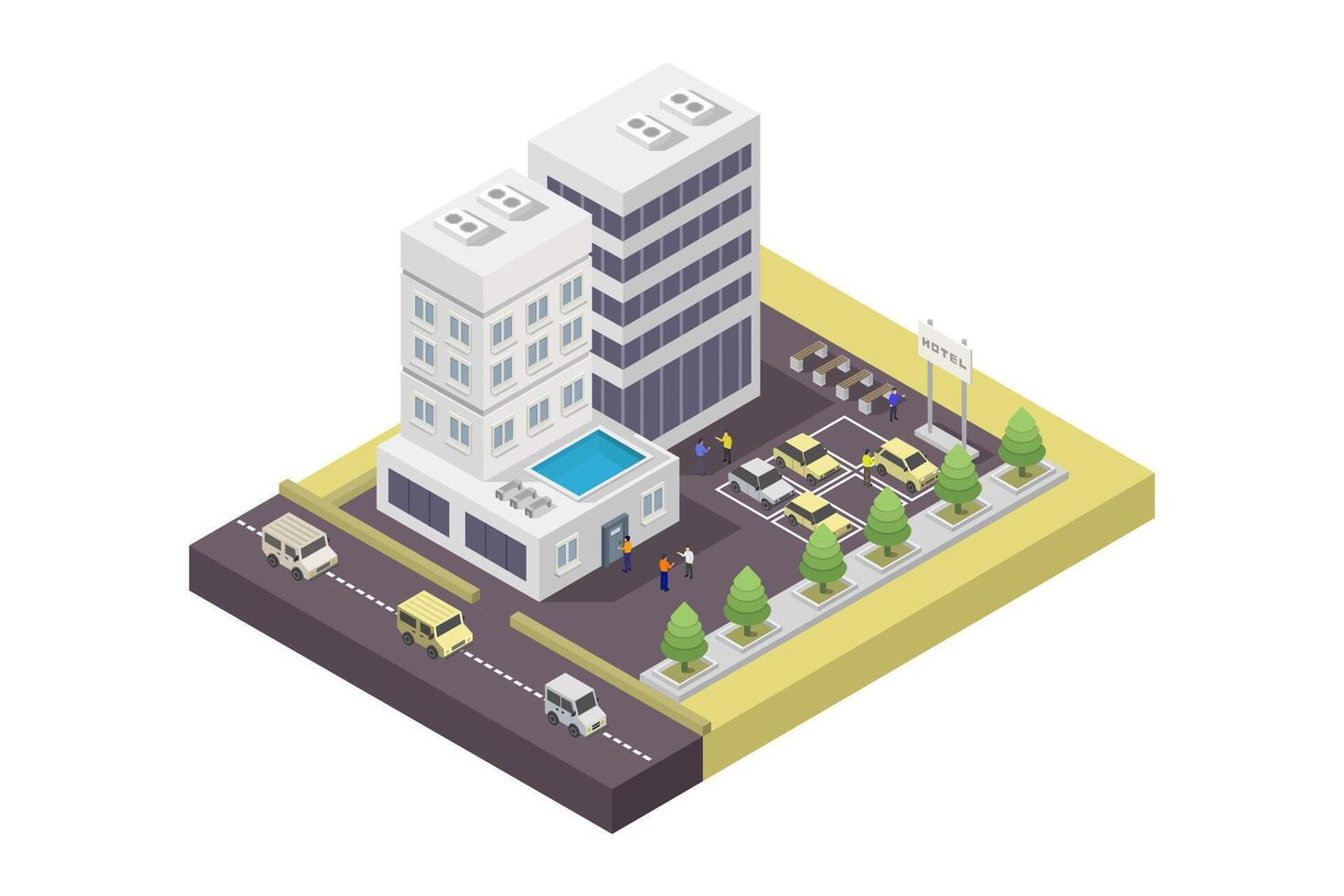 Modern hotel isometric illustrated on white background vector