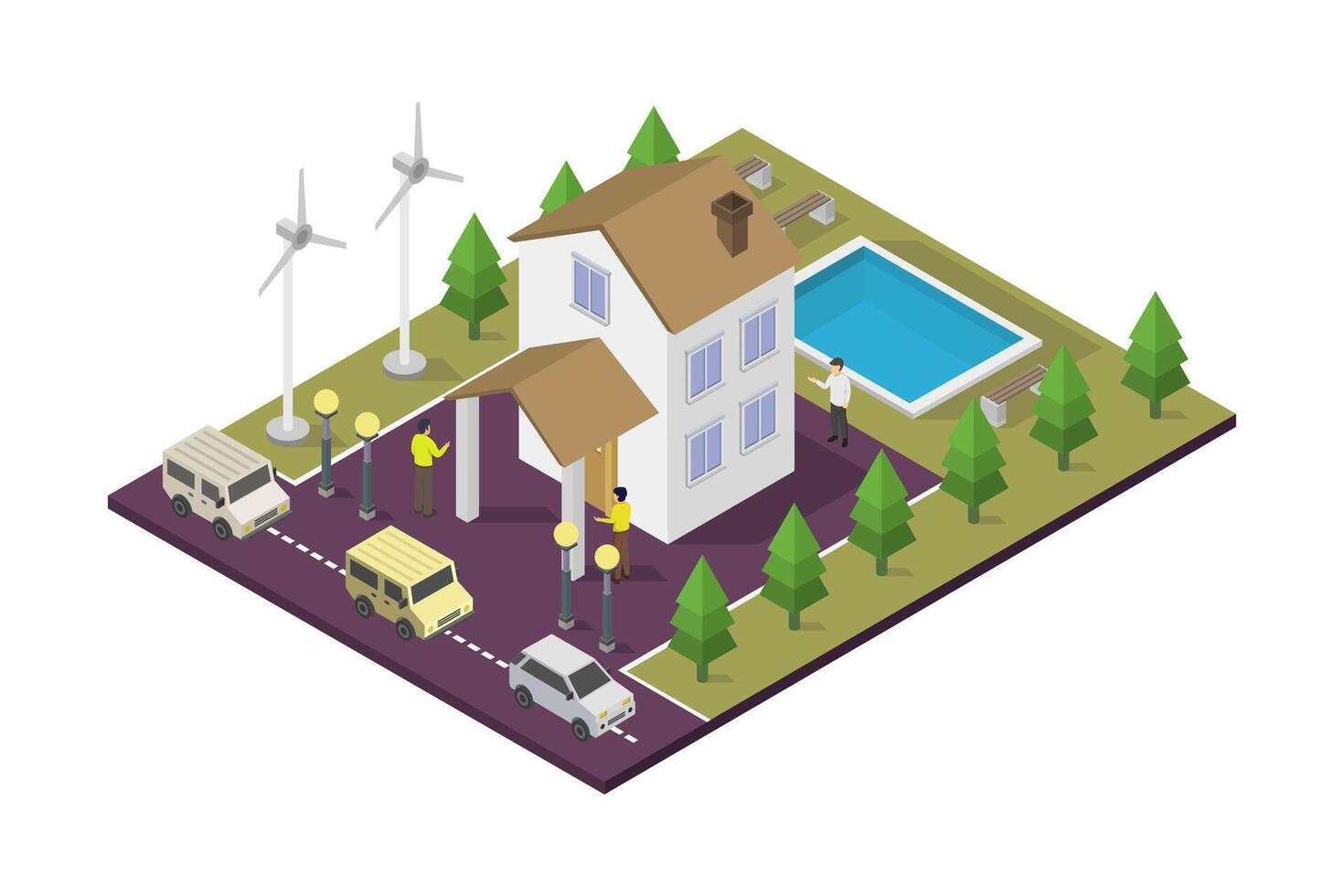 Modern house with solar panel isometric illustrated on white background vector