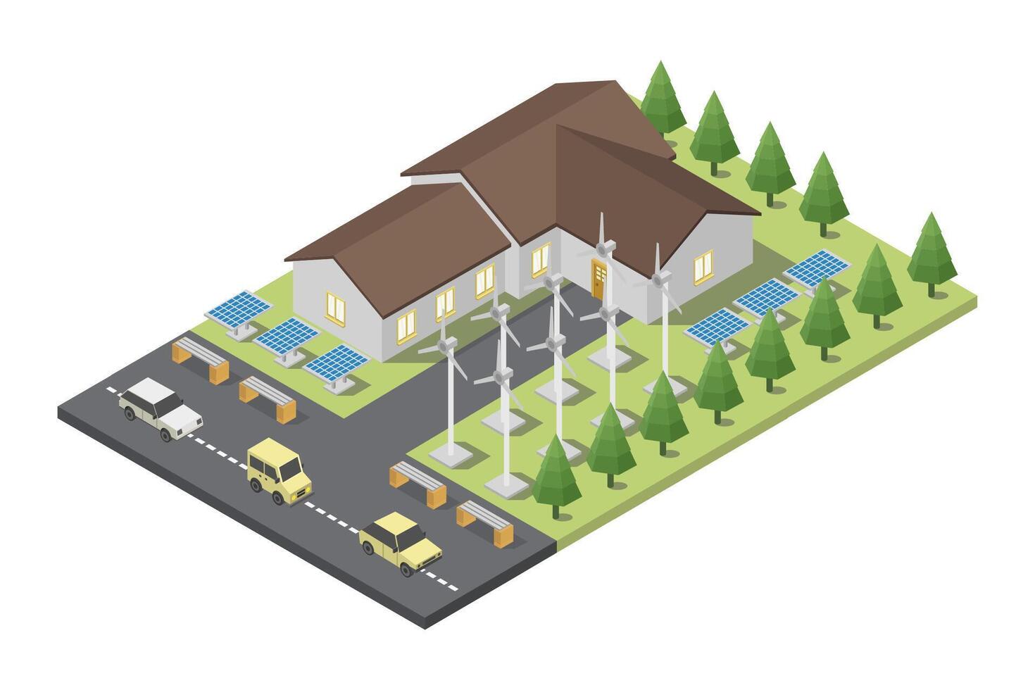 Old house with solar panels isometric vector