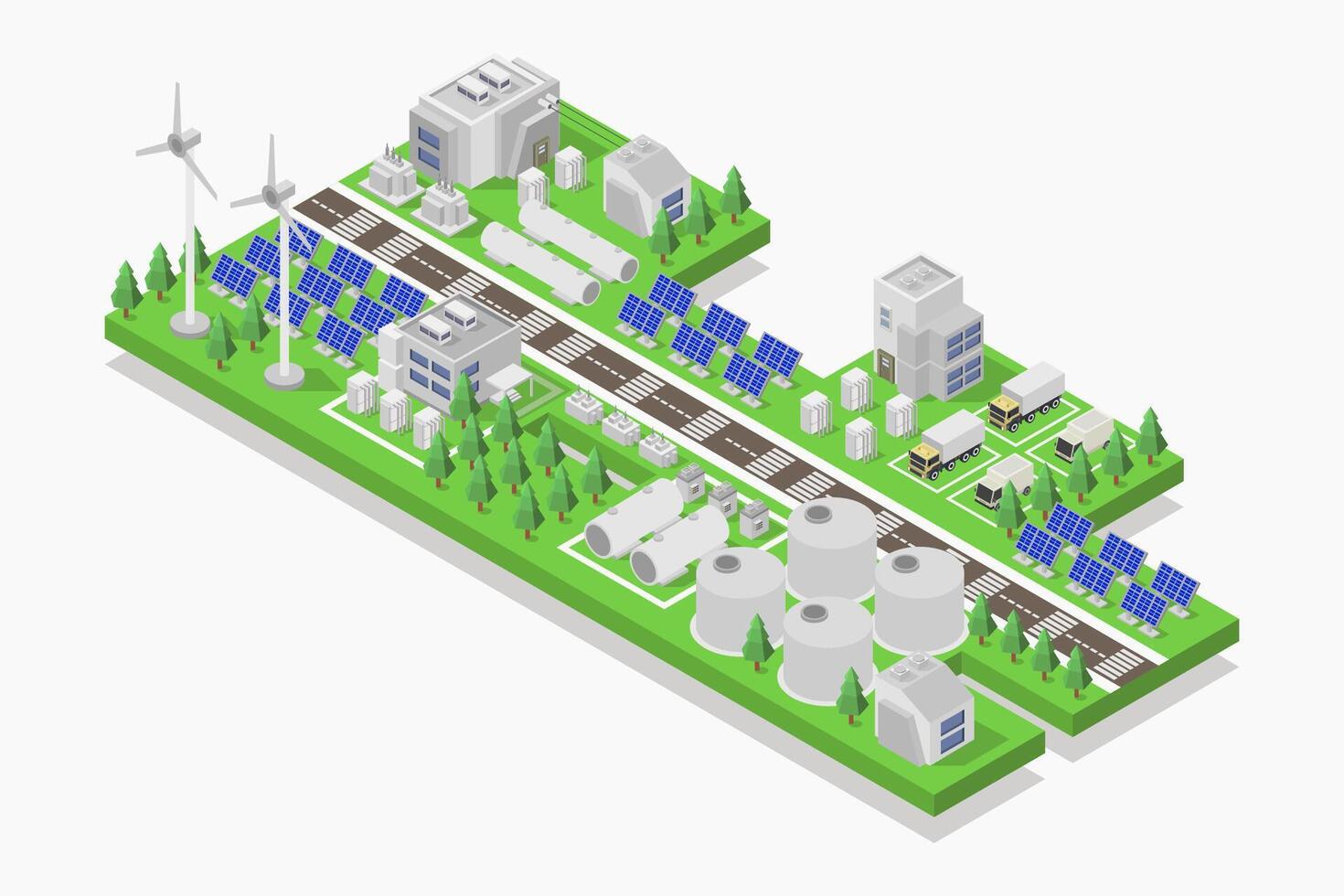 Hydrogen microgrid with wind turbine isometric illustrated on white background vector