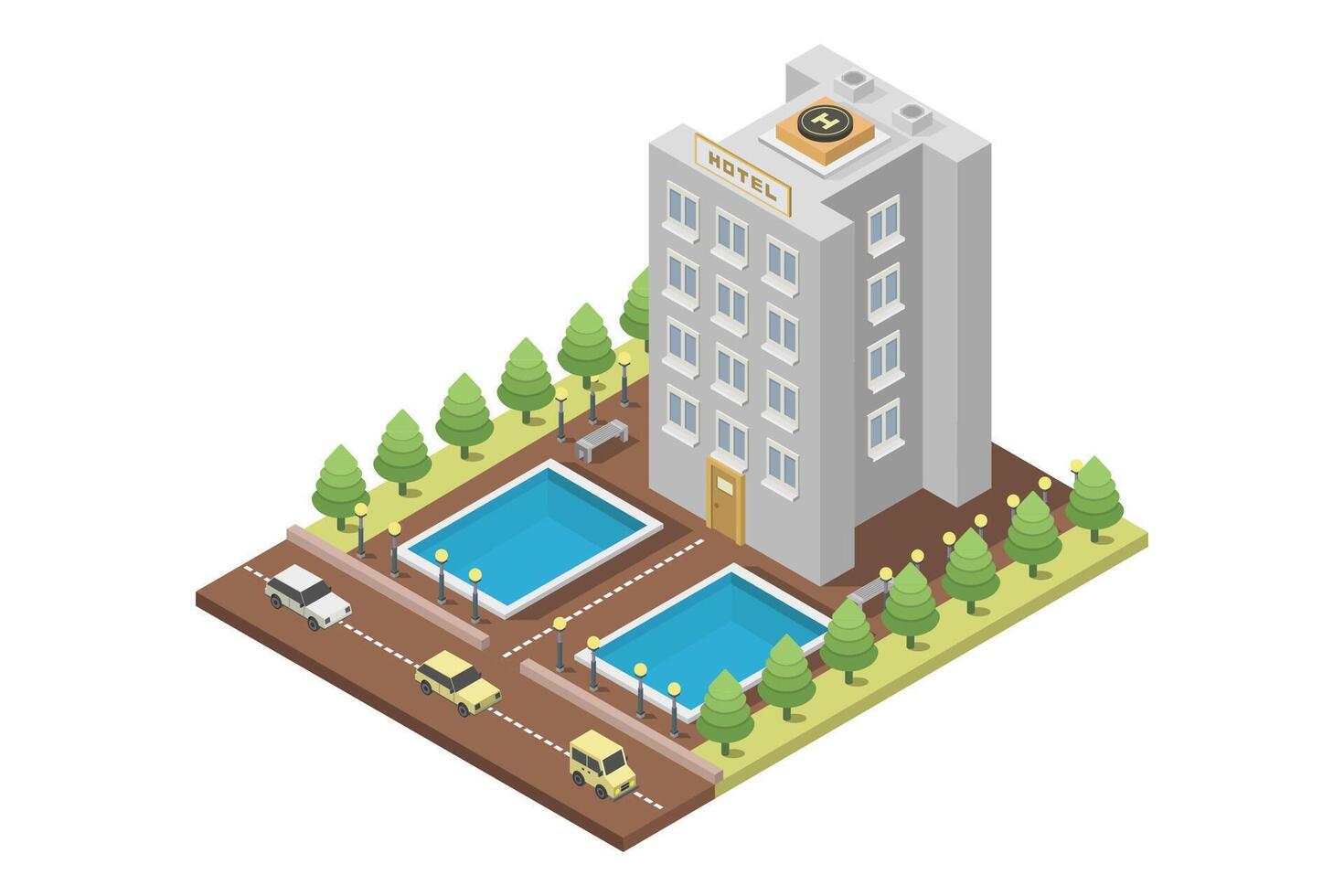 Modern hotel isometric illustrated on white background vector