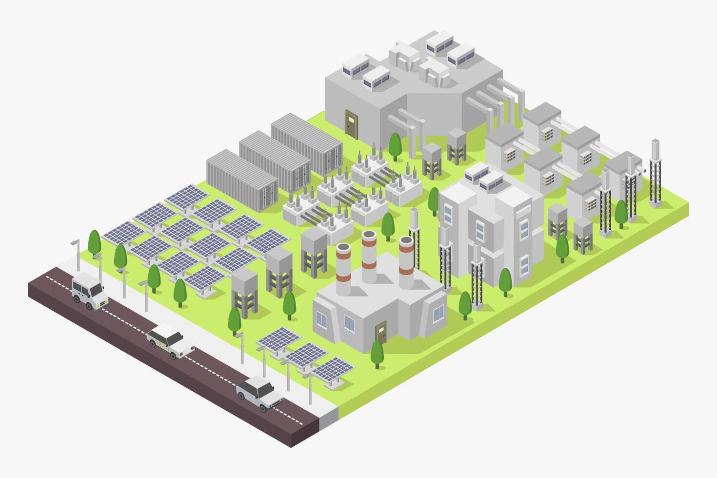 Solar farm power plant with solar cell isometric on white background vector