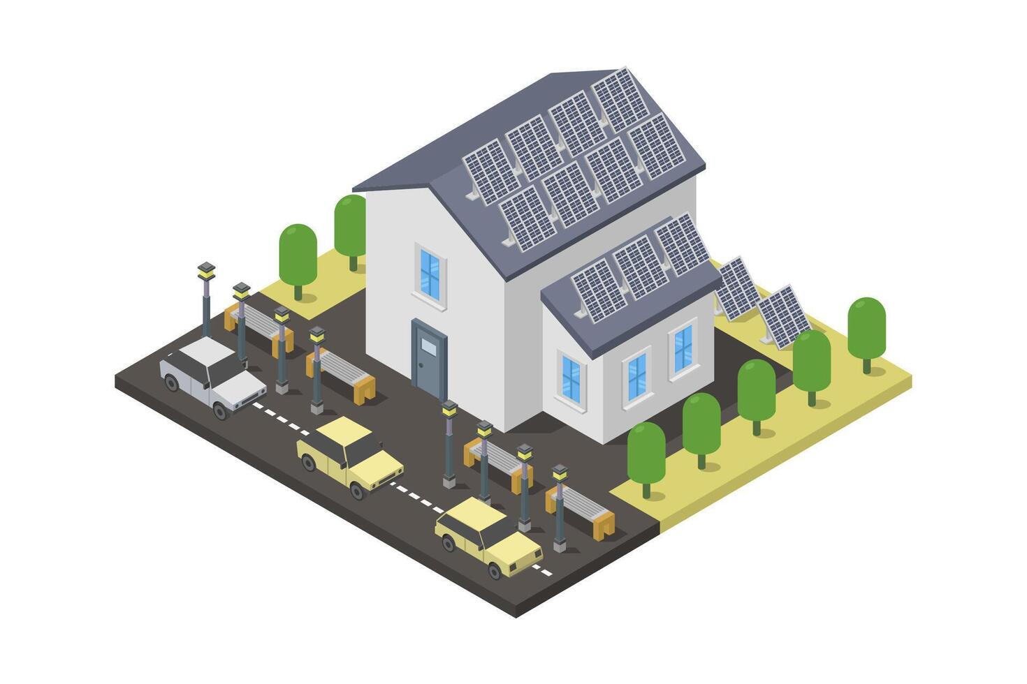 Smart home with solar cell isometric on white background vector
