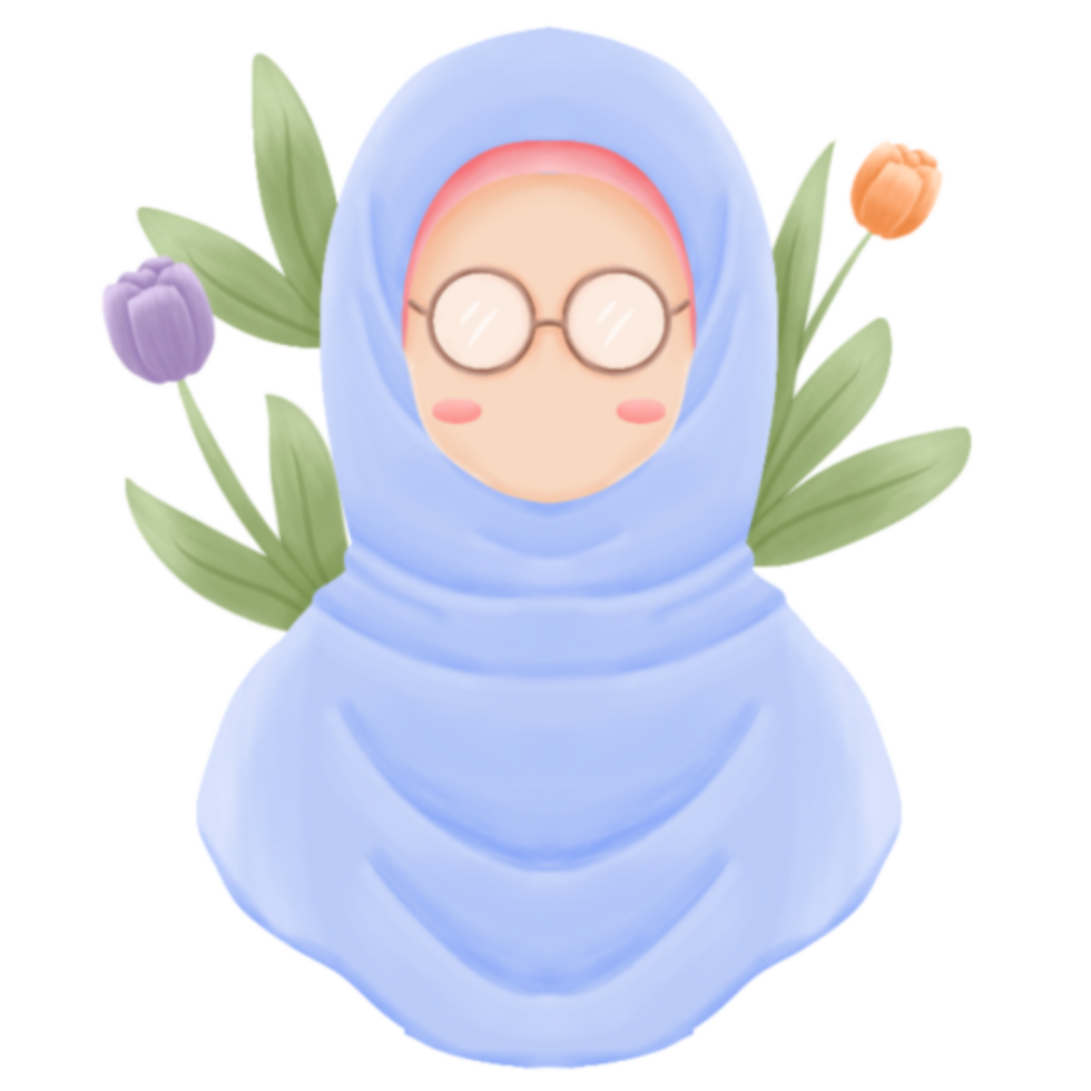 Watercolor Flowers Hijabi Eyeglasses Girl in Blue png