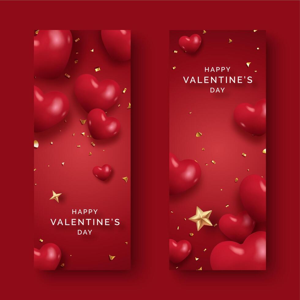 Valentines Day vertical banners with hearts, golden stars, and confetti on a red background vector
