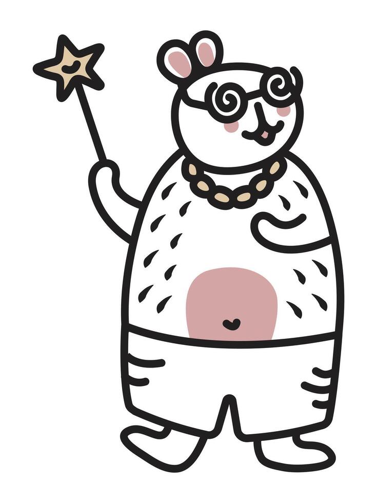 Cute dancing capybara, black line doodle, festive mood, trendy kawaii male character, big friendly rodent for a postcard, coloring page, fabric prints, etc. vector