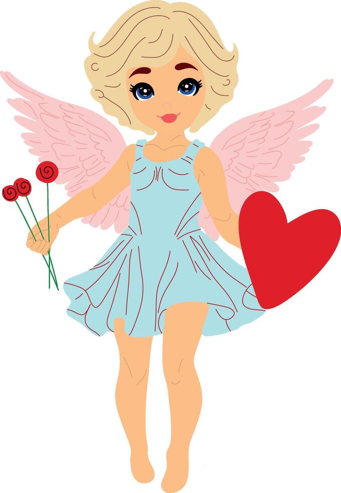 Whimsical Cupid Character Holding Flowers and Heart vector