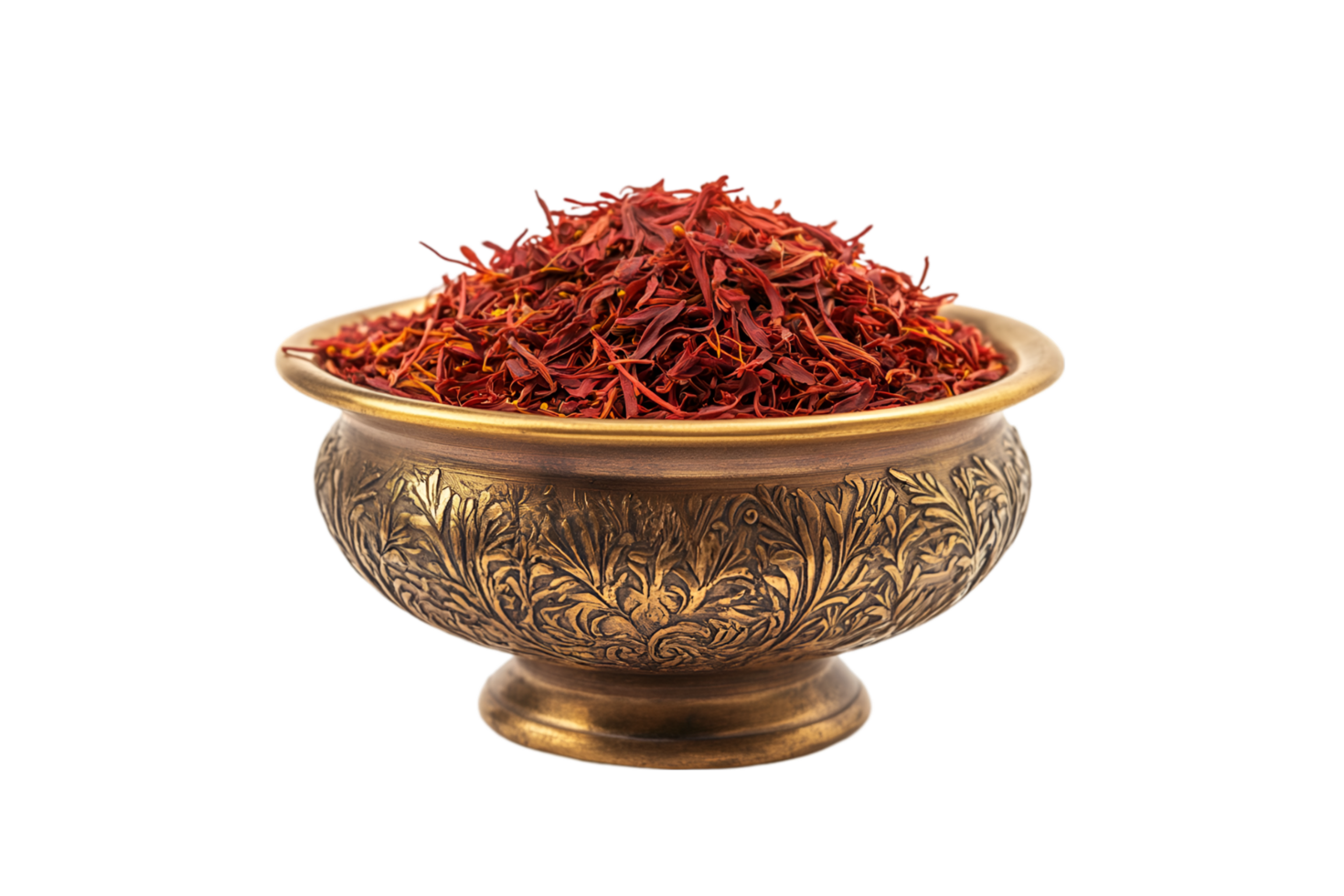 Saffron threads in an antique brass bowl on a transparent background png