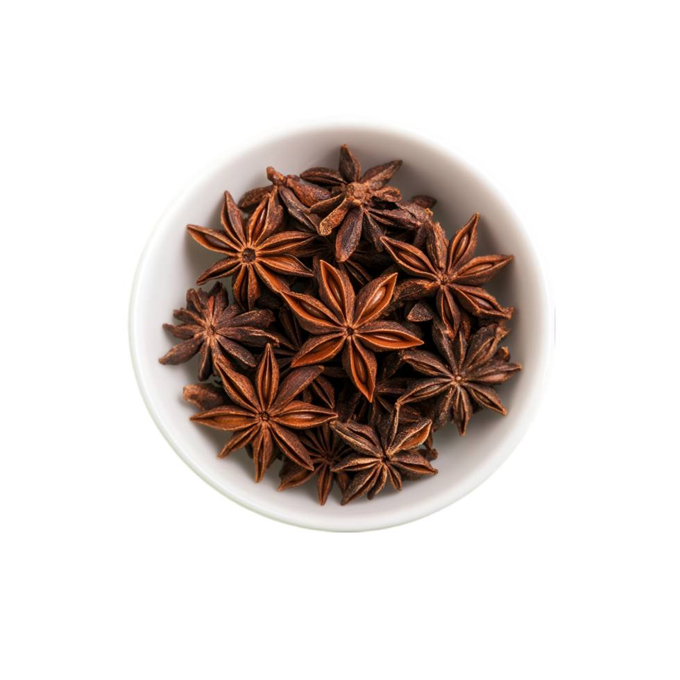 Star anise in a white bowl isolated on a transparent background png