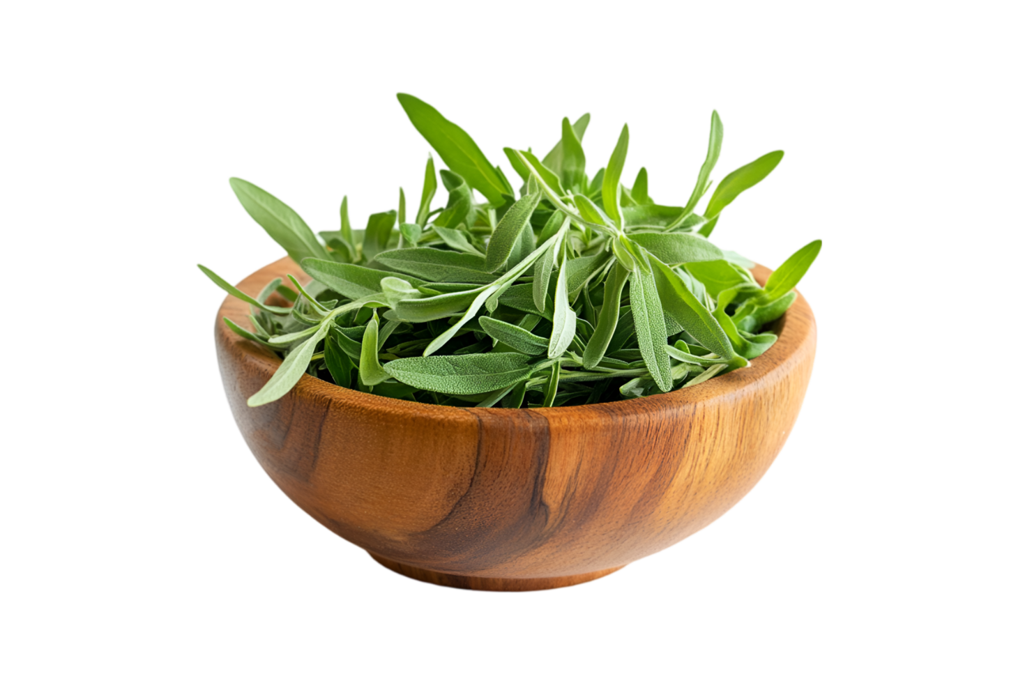 Tarragon leaves in a wooden bowl on a transparent background png