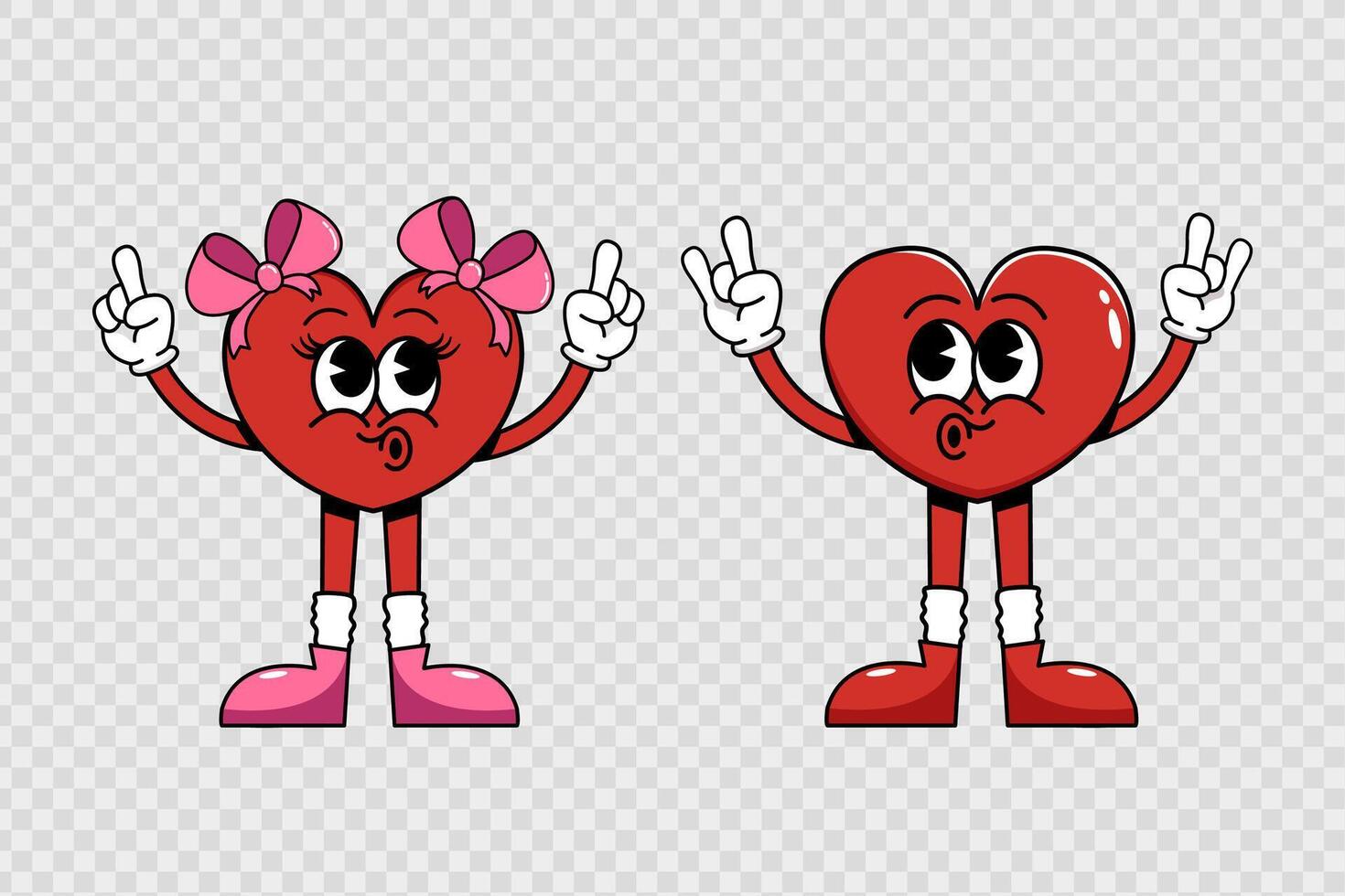 Hippie Groovy Valentine's Day Cute Hearts Characters girl and boy rejoice. Retro 70s 60s 80s vector
