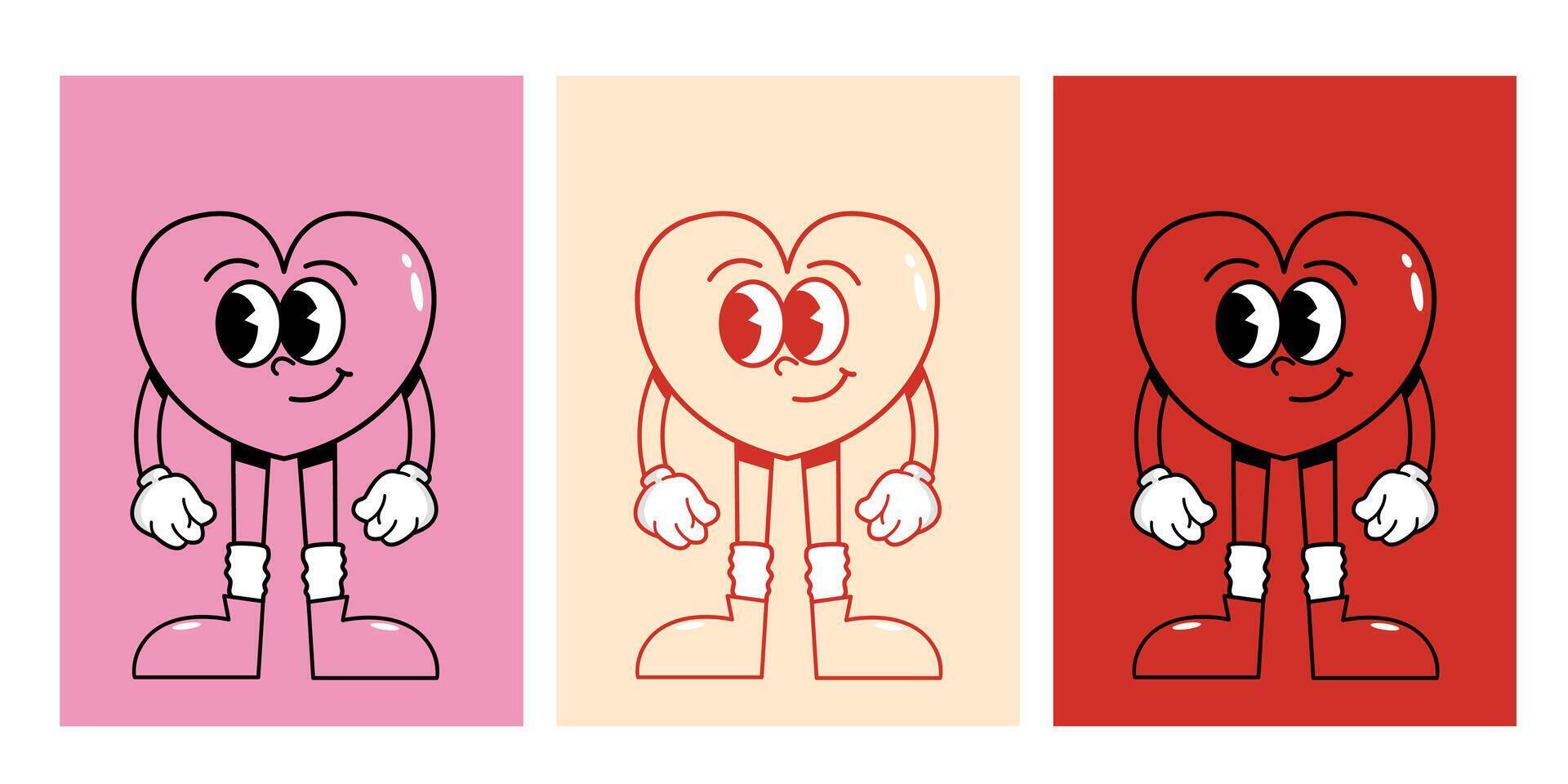 Vintage illustration of cartoon character love heart. Trendy retro romantic talisman - heart transparent inside. Funny winding poster set in 70s comic style vector