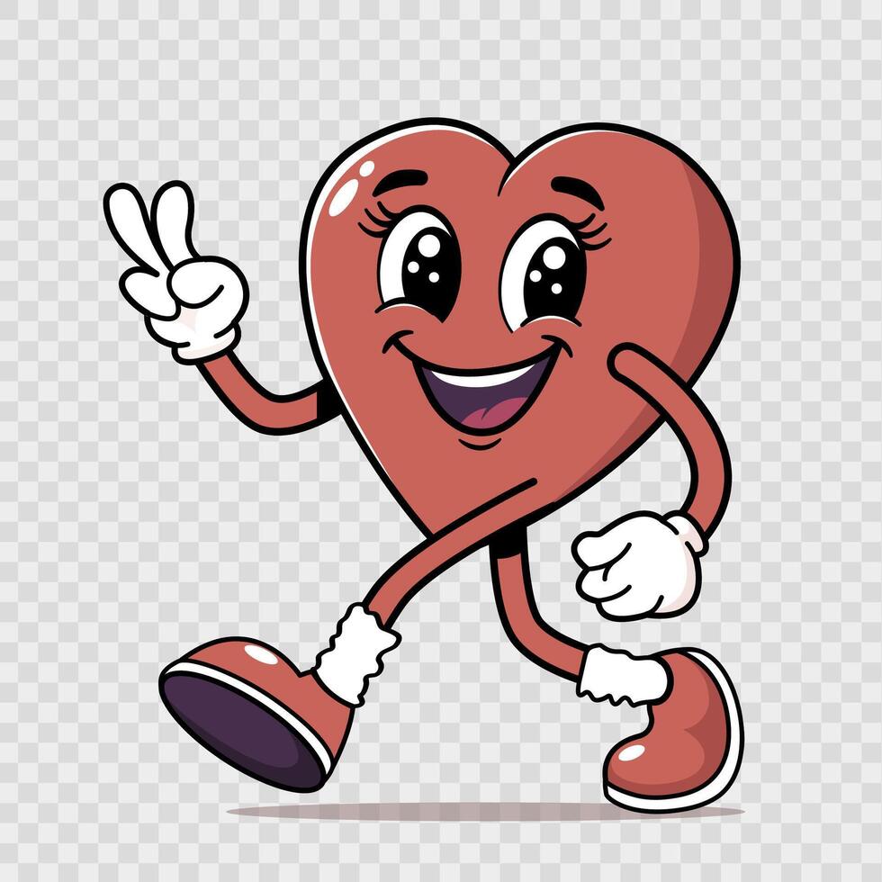 Groovy heart cute cartoon character in retro style with peace gesture. Valentine's day mascot with face, arms, legs. Romantic concept retro heart Hippie 60s and 70s vector