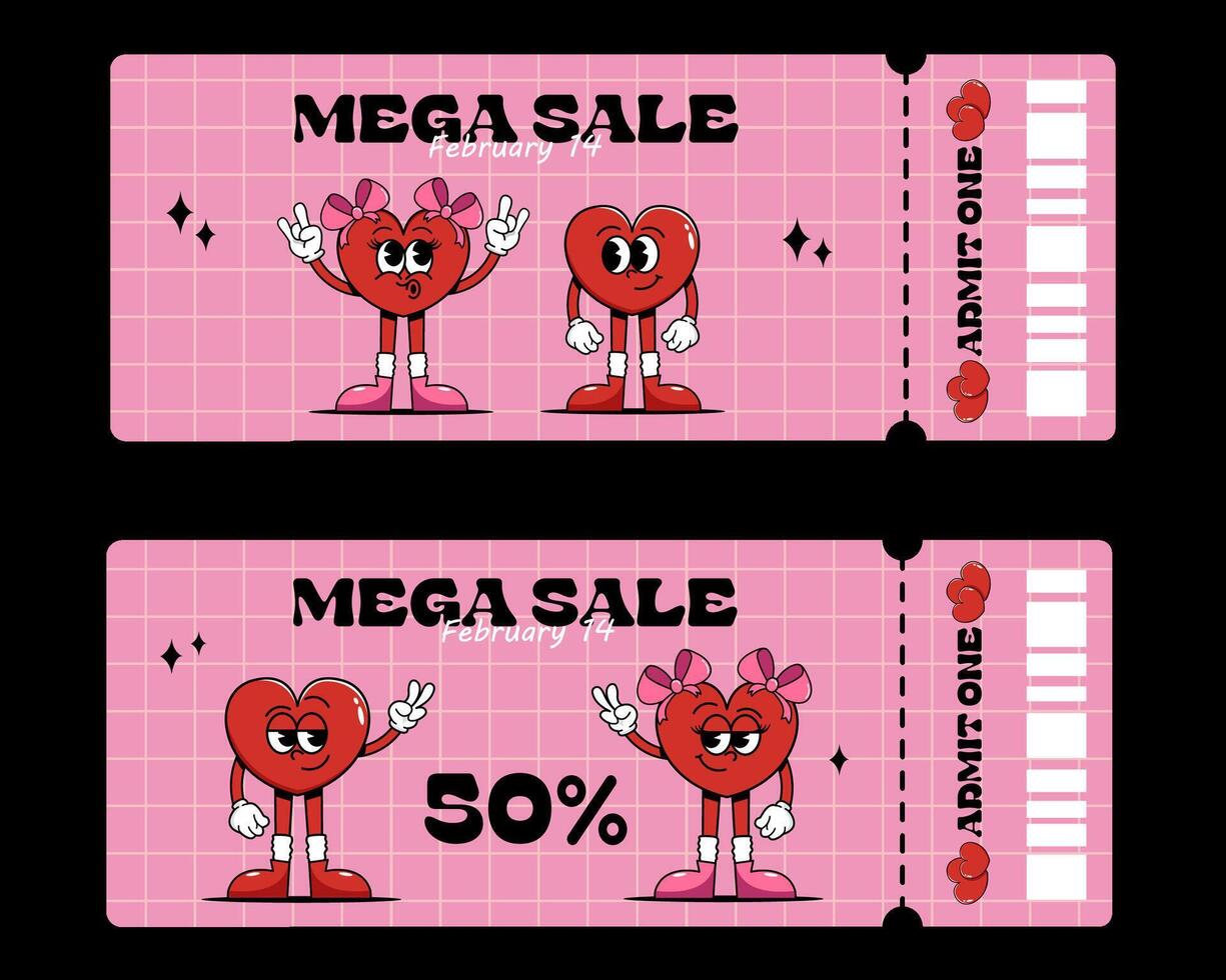 Colorful mega sale coupon. Two cute hearts boy and girl. Heart character in retro style. Barcode flat illustration, horizontal banner, flyer, poster vector
