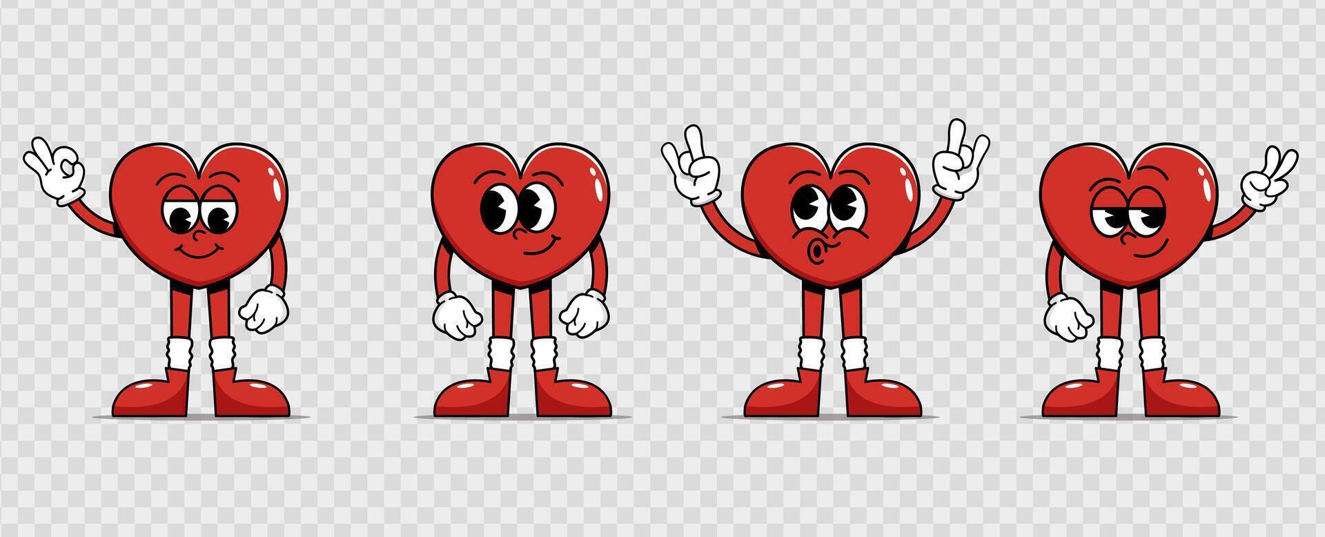 Cartoon retro heart characters. Cute love symbols with faces different poses hands and feet. Playful cheeky happy hearts in trendy retro comic style. Happy Valentines day vector