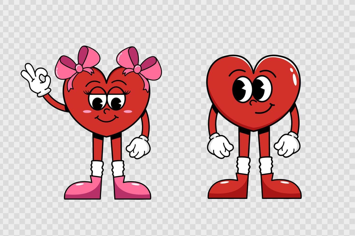 Cartoon cool two characters-hearts, boy heart looking at girl heart, and girl shy and showing ok sign with hand vector