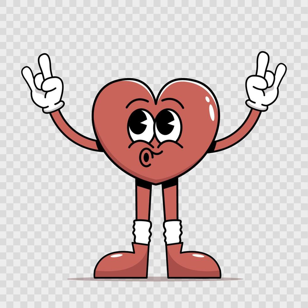 Groovy cute cartoon character in retro style heart with rock gesture. Beautiful and psychedelic valentine's day mascot with face, arms, legs. Vintage vector