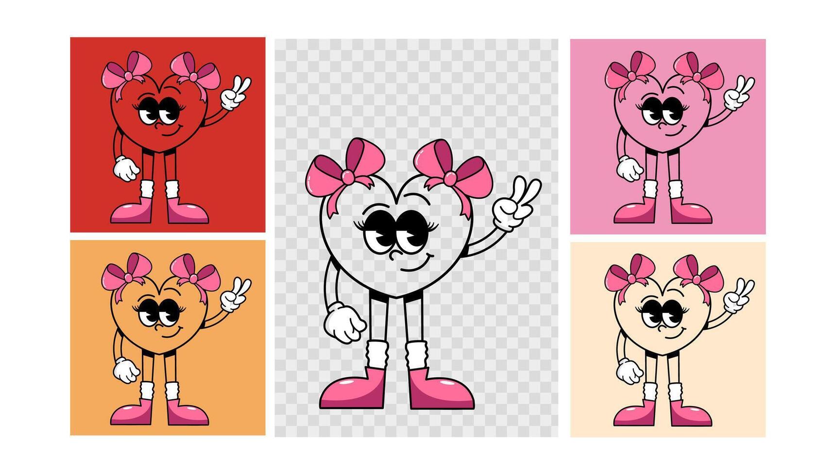 Retro groovy cartoon talisman in the shape of a heart outline girl with bows showing her fingers peace sign. Valentine's day card vector